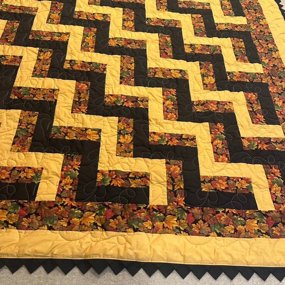 Handmade Autumn Leaf Patchwork Quilt Zig Zag Geometric Gold Black